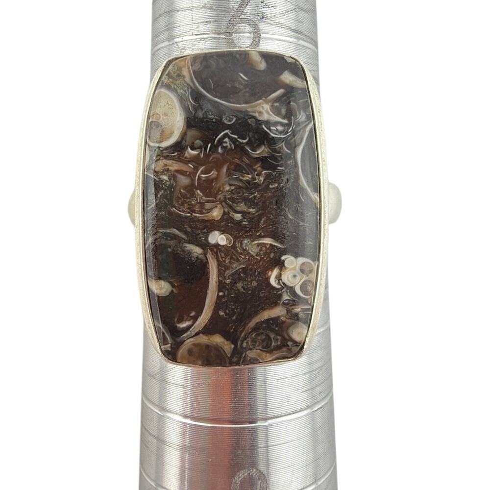 Sterling Silver Rectangular Turritella Agate Ring Size 7.5